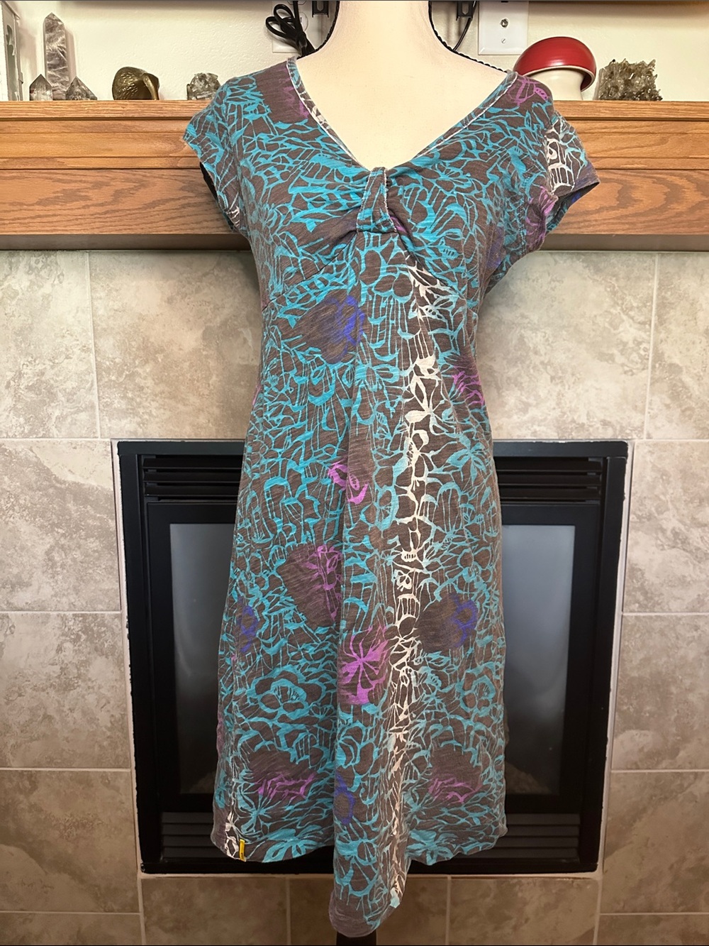 Lolë Floral Short Sleeve Midi Dress Teal & Brown 100% Organic Cotton Size M